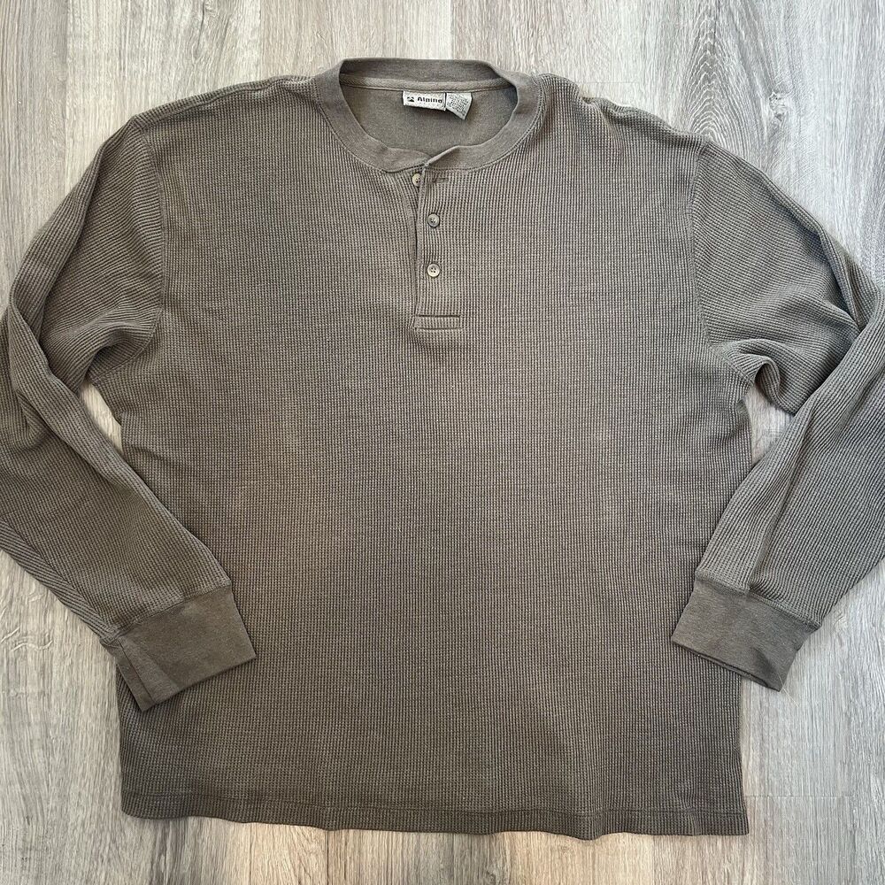 Alpine Design Mens XL Olive Green Long Sleeve Waffle Knit Henley Shirt Button